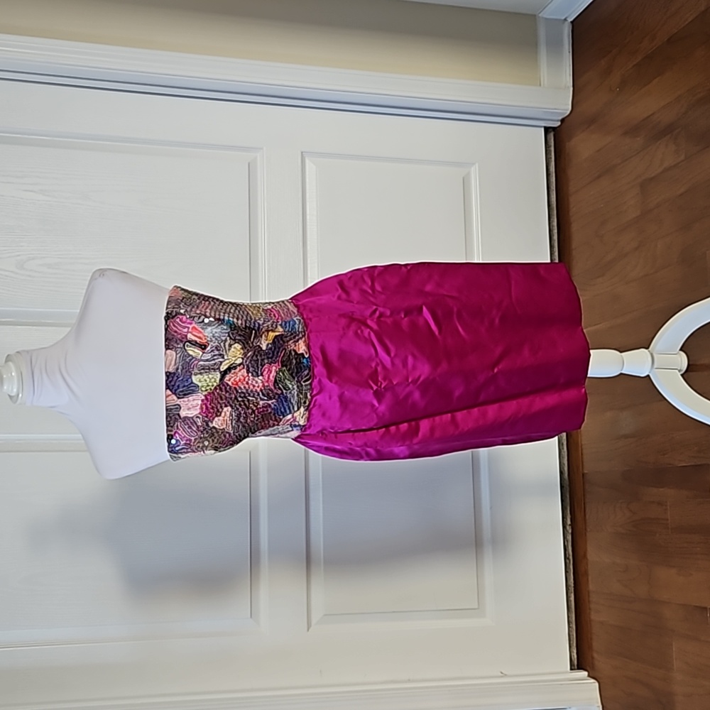 PATRICIA RHODES Sleeveless Silk Magenta and multi colored sequins dress Size 8